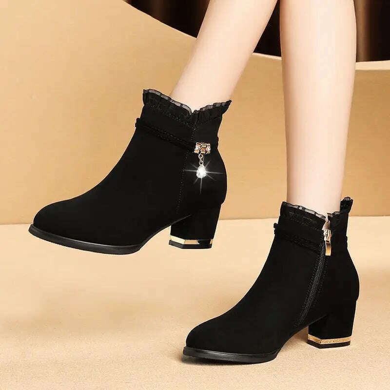 Autumn Fur Ankle Boots - High Heel & Rhinestone Detail