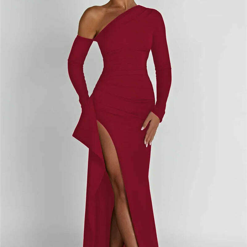 Mozision Oblique Shoulder Thigh-High Split Maxi Dress