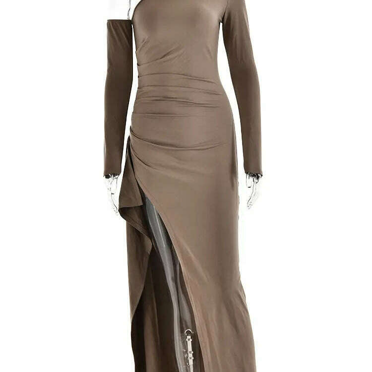 Mozision Oblique Shoulder Thigh-High Split Maxi Dress