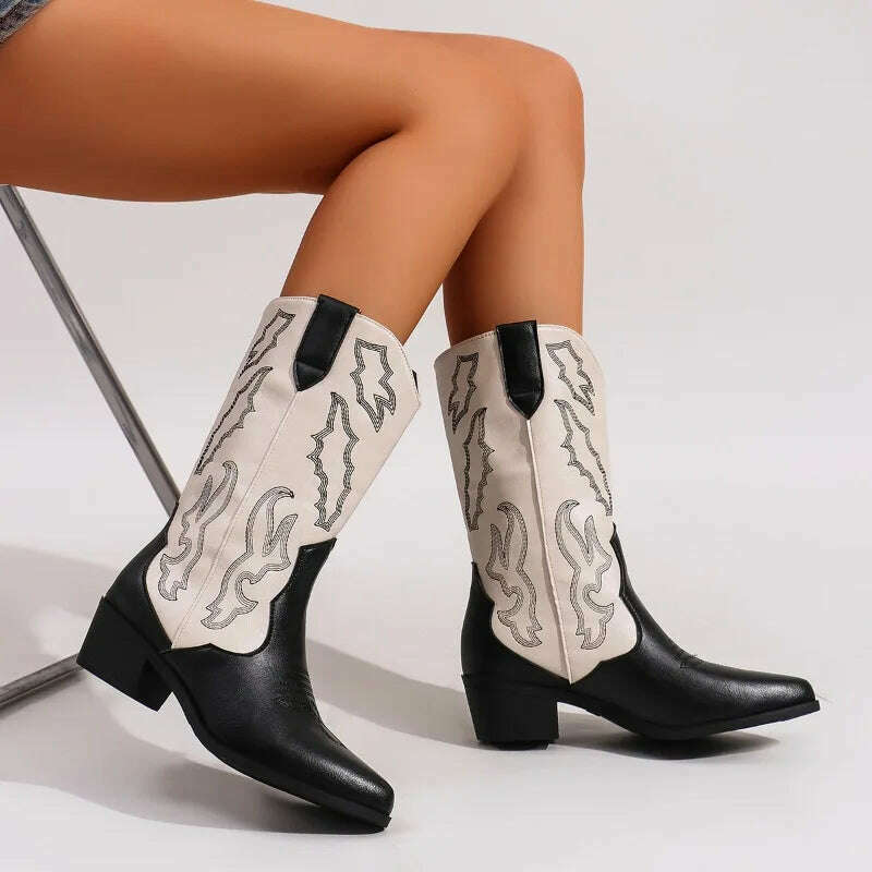 Women's Embroidered Slip-On Mid-Calf Boots