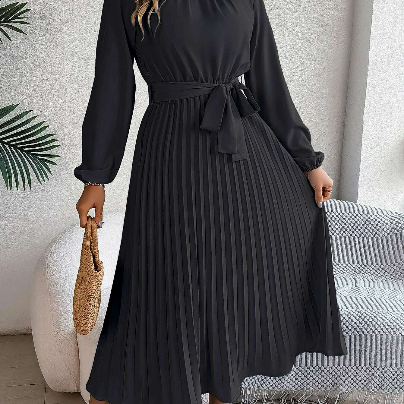 Autumn & Winter Pleated Stand-Up Collar Midi Dress