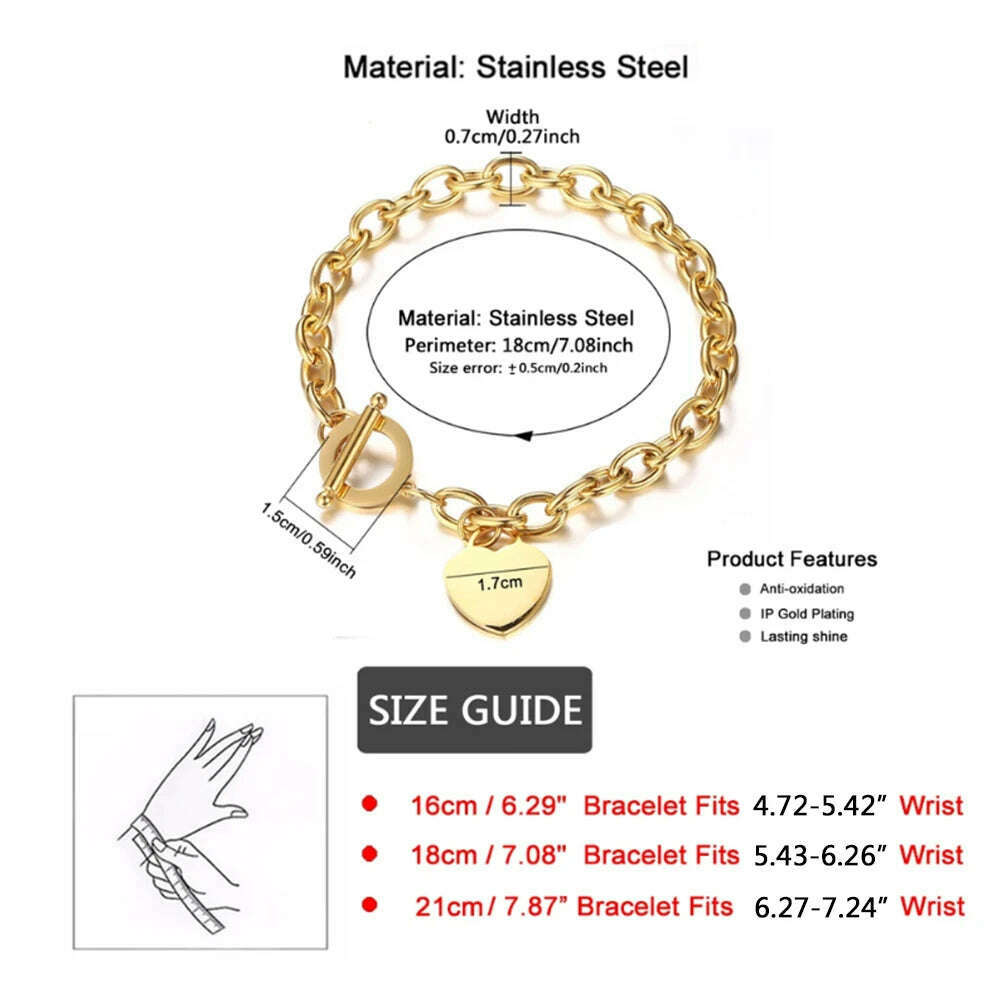 Classic Stainless Steel Toggle Bracelets Thick Chain Love Heart Charm Bracelet For Women Girls New Bracelets Trendy Jewelry