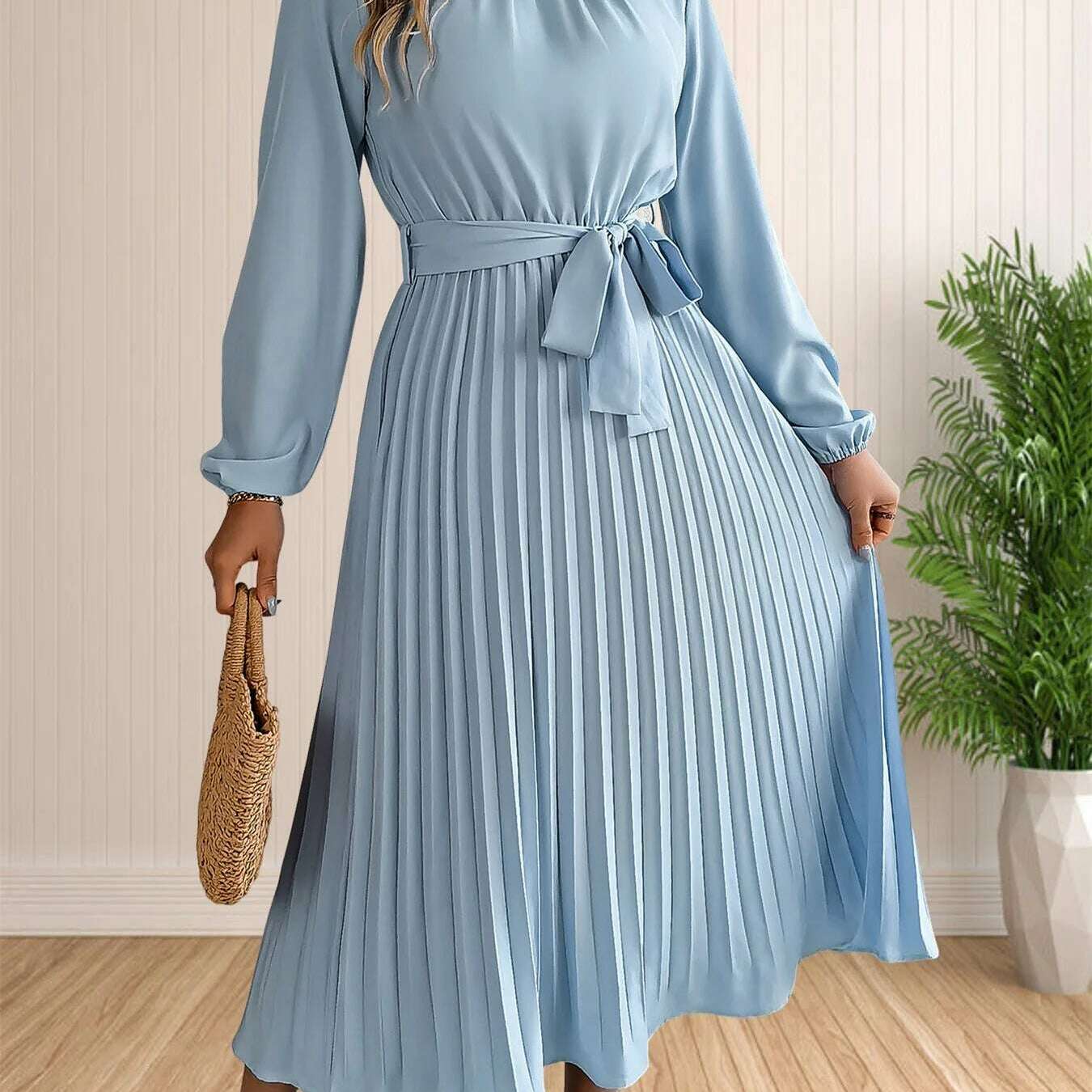 Elegant Pleated Lace-Up Long Sleeve A-Line Sundress