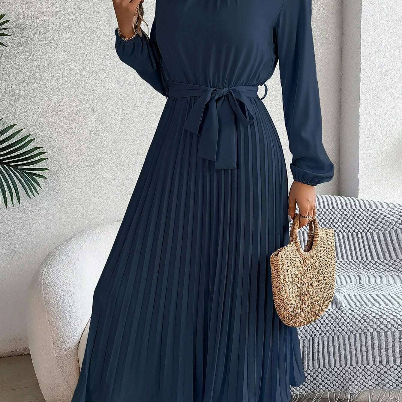 Autumn & Winter Pleated Stand-Up Collar Midi Dress