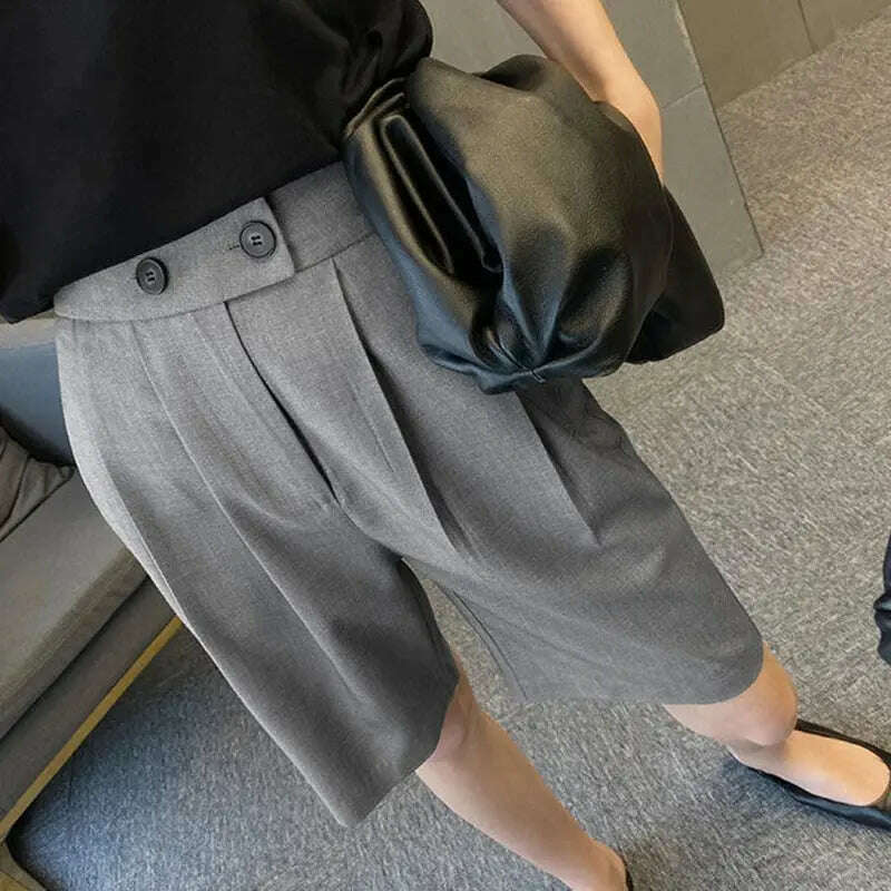 Korean Office Suits Shorts – High Waist, Double-Button, Knee-Length
