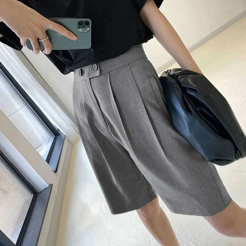Korean Office Suits Shorts – High Waist, Double-Button, Knee-Length