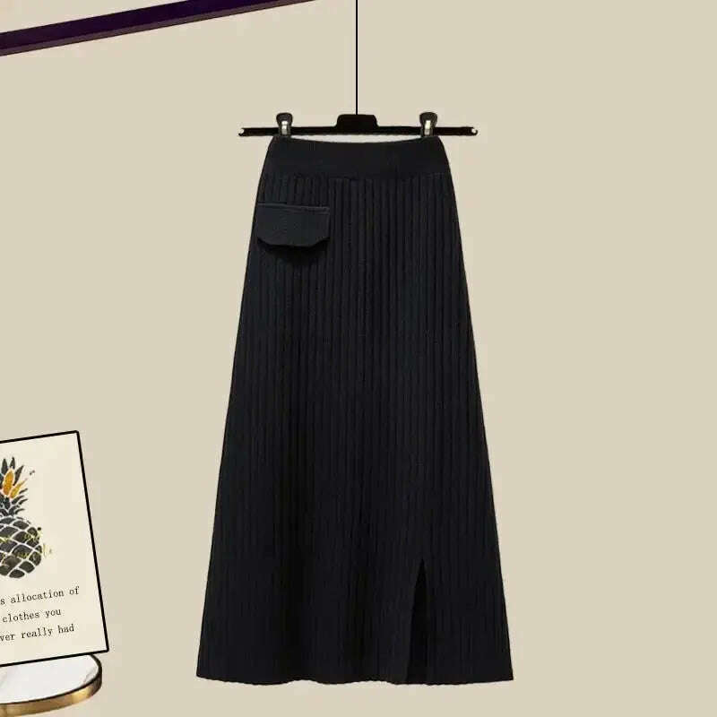 Plus Size Autumn Knit Skirt Set – Loose-Fit Shirt, High-Waist Style - D&M Boutique