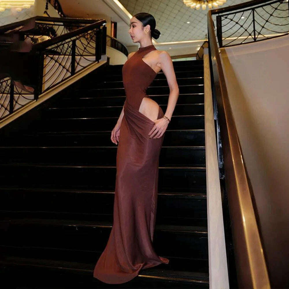 JULISSA MO Satin Hollow Out High-Waist Maxi Dress