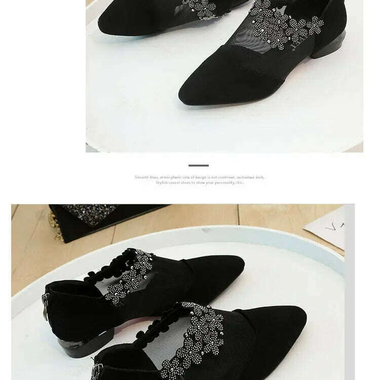 2024 Summer Black Lace Rhinestone Sandals - Low Heel & Floral