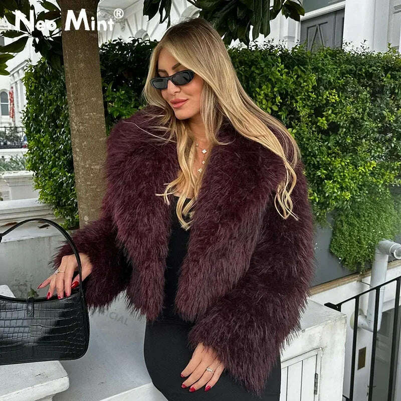 Neo Mint Burgundy Faux Fur Coat – Trendy Winter Style for Women