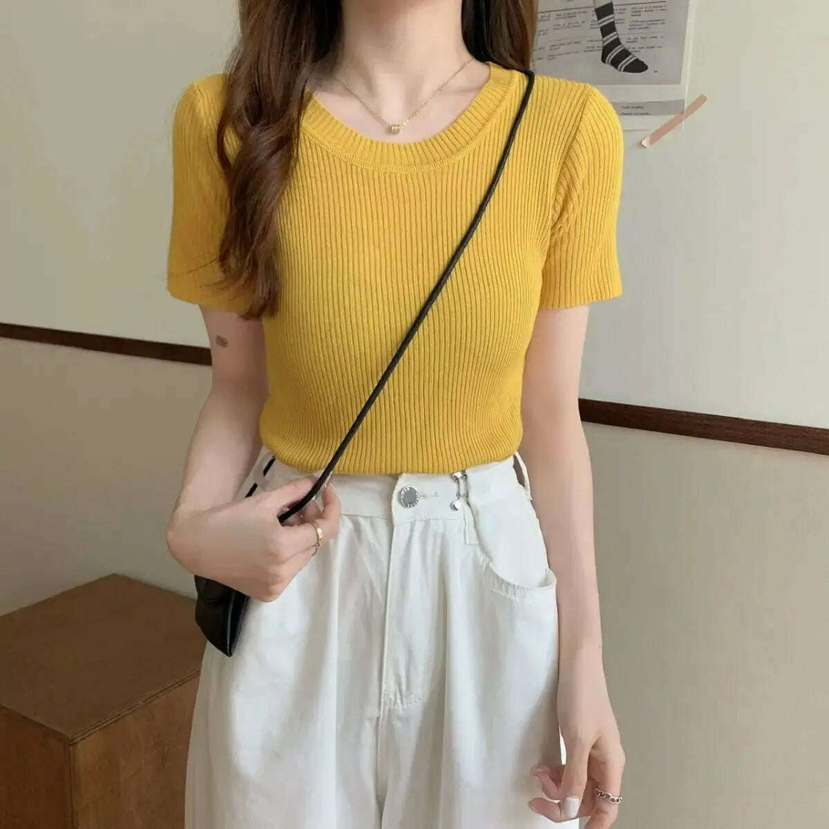 Knit Slim Short Sleeve T-Shirt: White/Green Crop Top - D&M Boutique