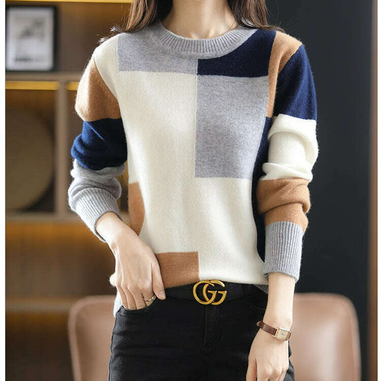 Autumn/Winter Wool Sweater – Round Neck, Color-Block, All-Match Top - D&M Boutique