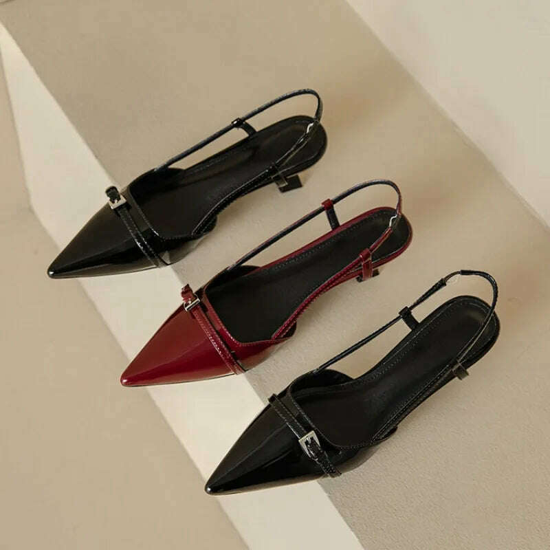 Patent Leather Pointed Toe Slingback Mid-Heel Sandal