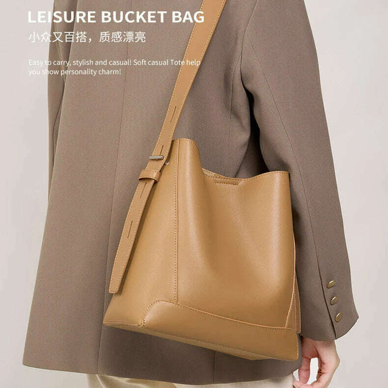 Minimalist Brown Leather Bucket Bag - Sleek and Structured