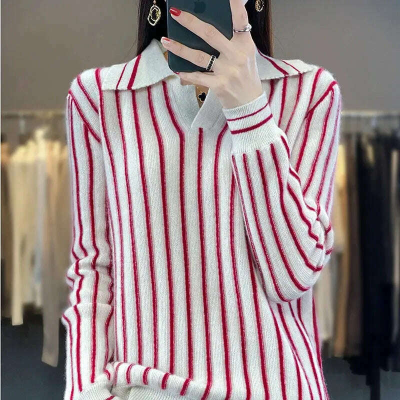 Merino Wool Sweater: Striped, Polo Neck, Autumn/Winter - D&M Boutique