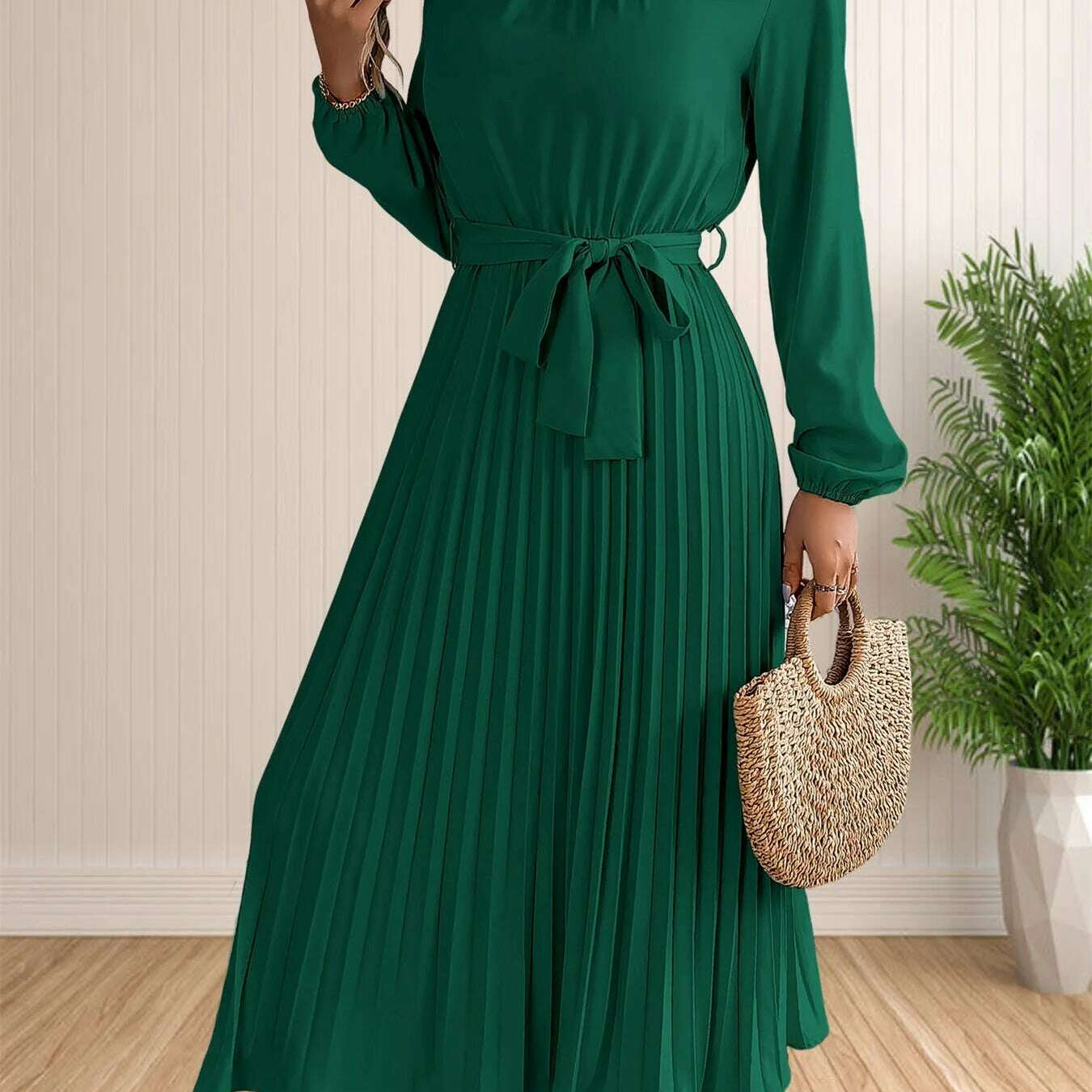 Elegant Pleated Lace-Up Long Sleeve A-Line Sundress