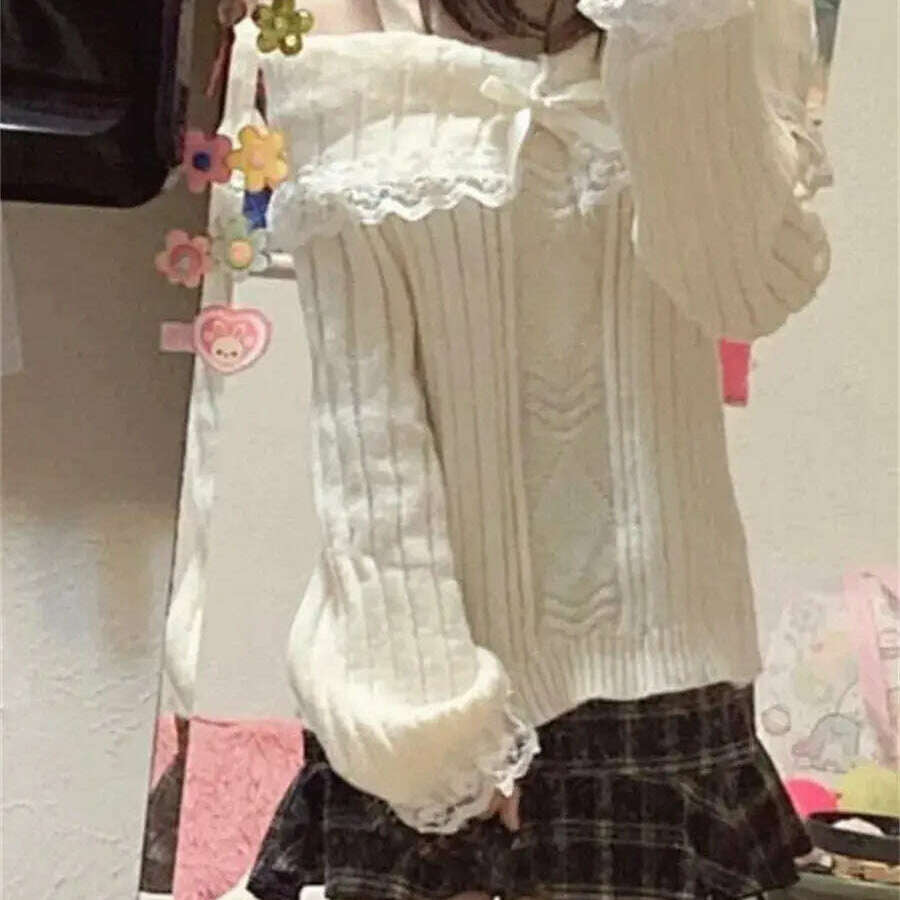 Grunge Off-Shoulder Knit Sweater: Pink, Bow Lace Y2K Jumper - D&M Boutique