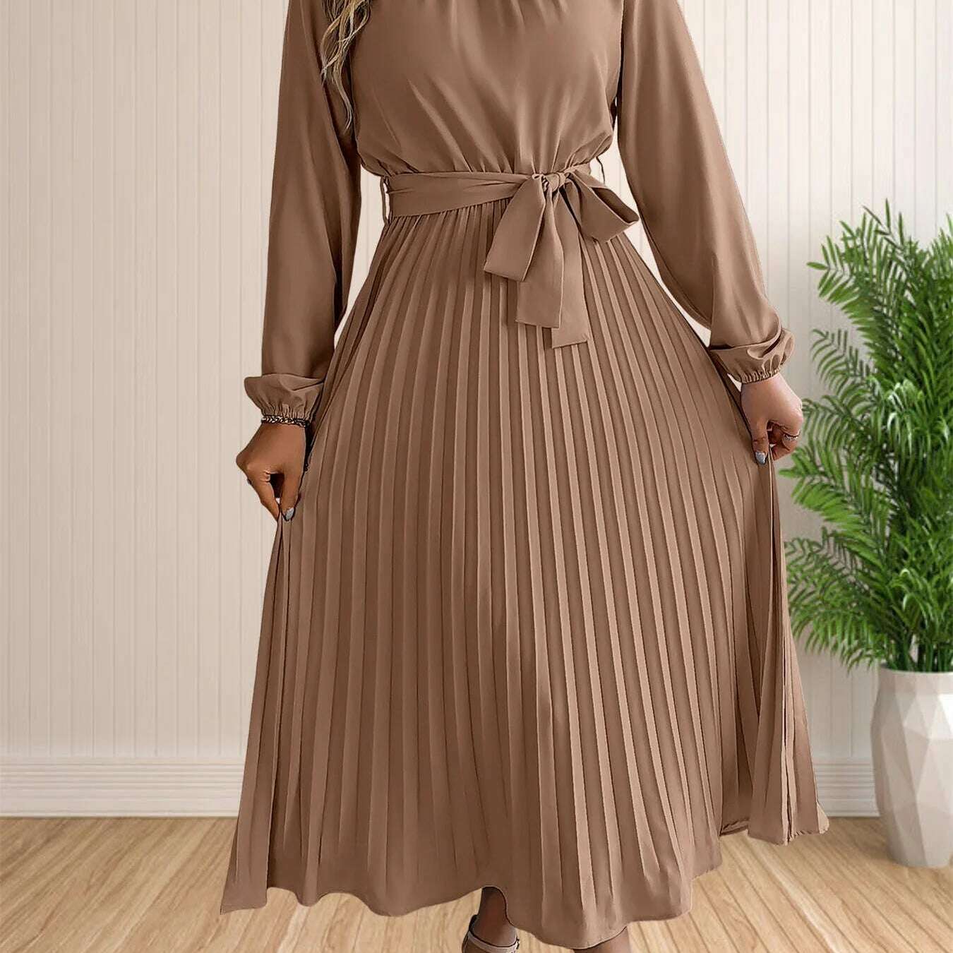 Elegant Pleated Lace-Up Long Sleeve A-Line Sundress