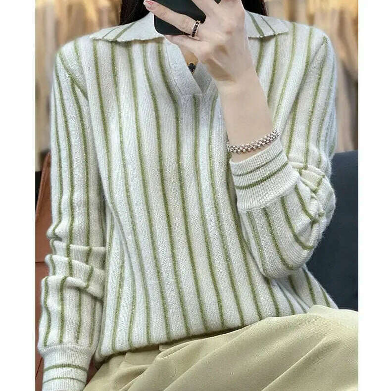 Merino Wool Sweater: Striped, Polo Neck, Autumn/Winter - D&M Boutique