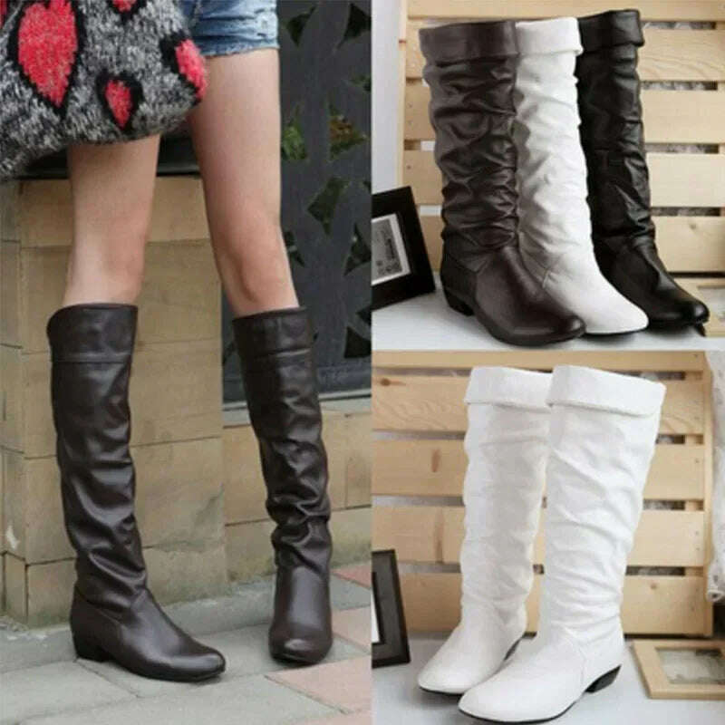 Women's PU Leather Knee-High Boots – Slip-On