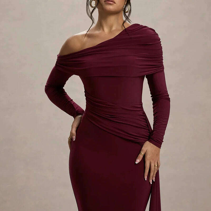 Mozision Skew Collar Long Sleeve Maxi Dress