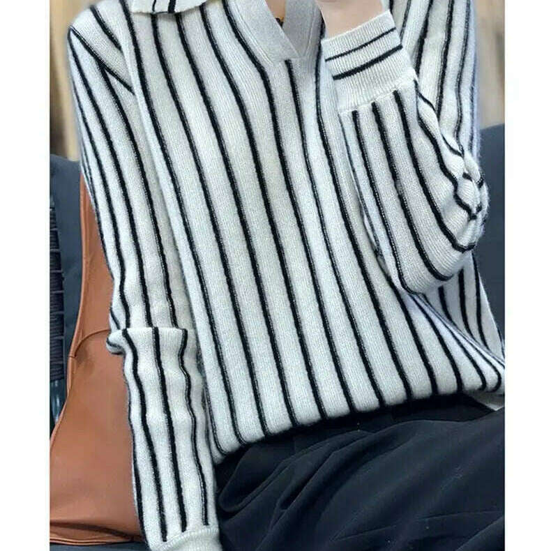 Merino Wool Sweater: Striped, Polo Neck, Autumn/Winter - D&M Boutique