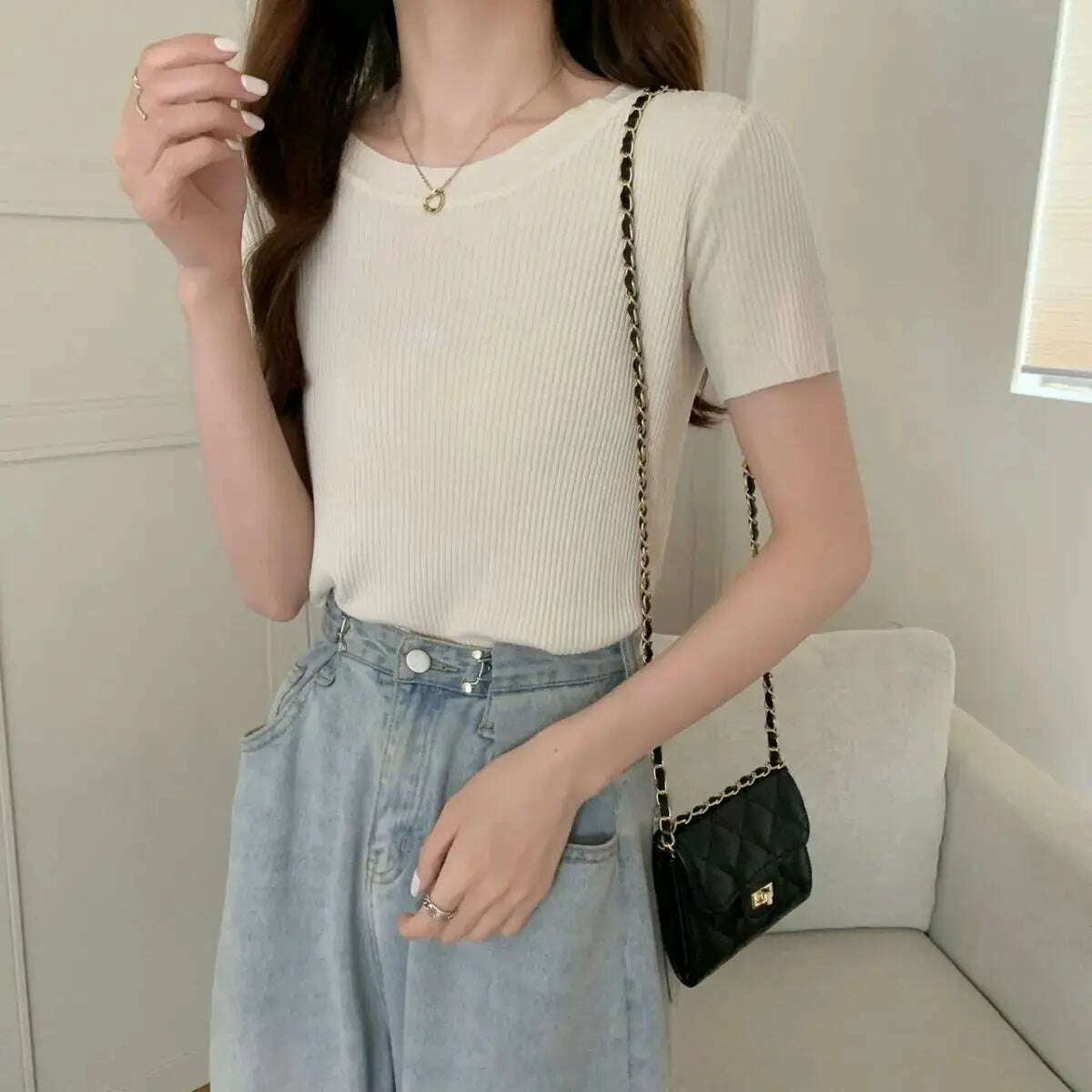 Knit Slim Short Sleeve T-Shirt: White/Green Crop Top - D&M Boutique
