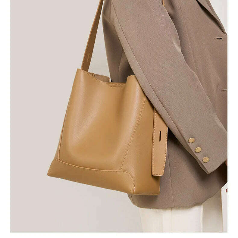 Minimalist Brown Leather Bucket Bag - Sleek and Structured