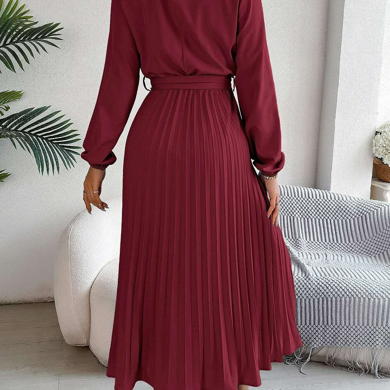 Autumn & Winter Pleated Stand-Up Collar Midi Dress