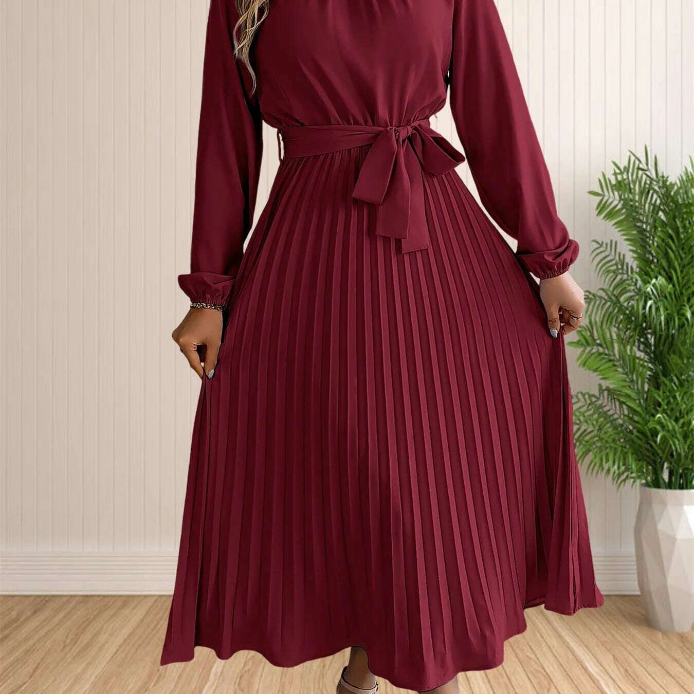 Elegant Pleated Lace-Up Long Sleeve A-Line Sundress