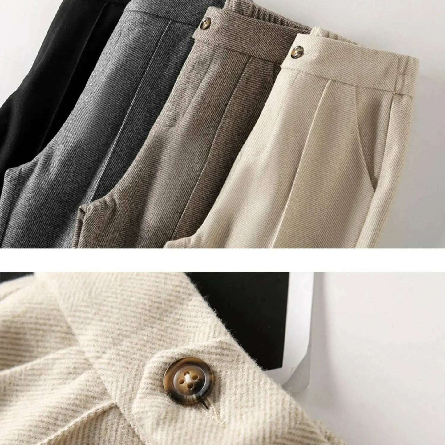 Herringbone Wool Flare Pants – Warm, Elastic Waist, Black - D&M Boutique