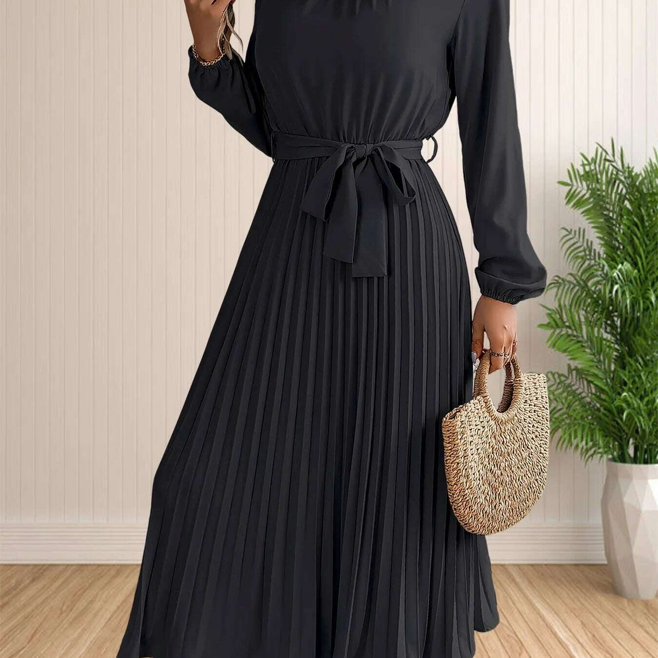Elegant Pleated Lace-Up Long Sleeve A-Line Sundress