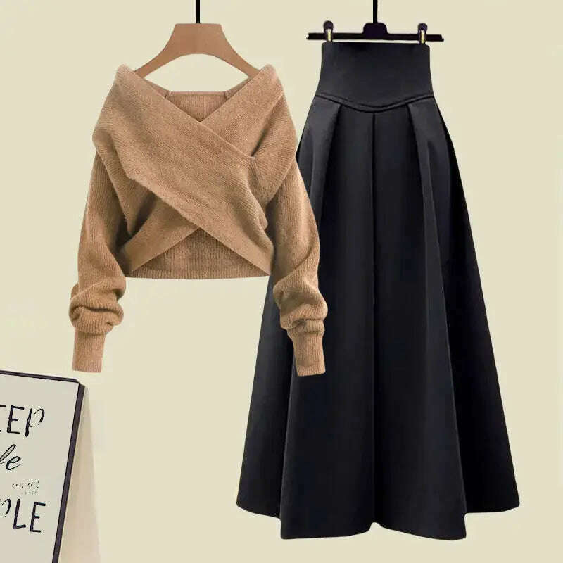 Fall Winter Women’s Knitted Sweater & Pleated Skirt Set - D&M Boutique