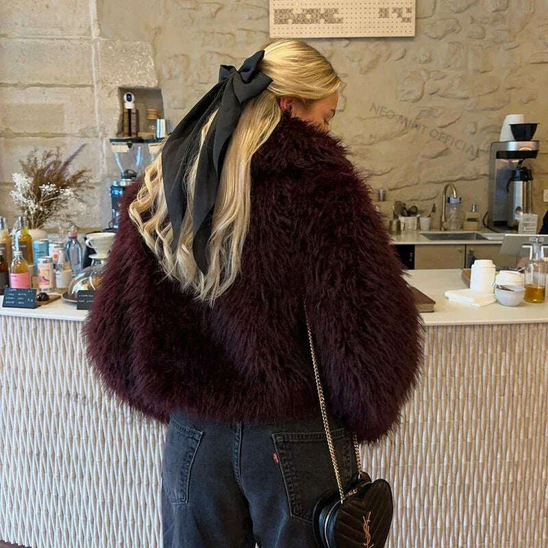 Neo Mint Burgundy Faux Fur Coat – Trendy Winter Style for Women
