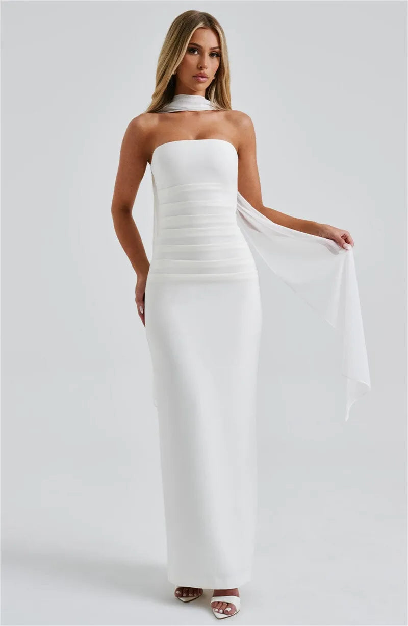 Mozision Scarf Collar Strapless Sexy Maxi Dress For Women Fashion Off-shoulder Backless Bodycon Club Party Long Dress Elegant