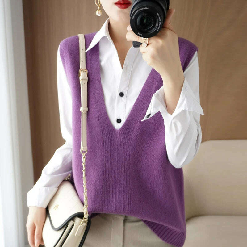 Autumn Knit V-Neck Vest – Loose, Solid, Stylish Layering - D&M Boutique