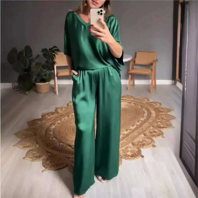 Elegant Women's Summer Satin V-neck Top & High-Waisted Pants Set