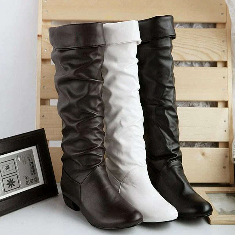 Women's PU Leather Knee-High Boots – Slip-On