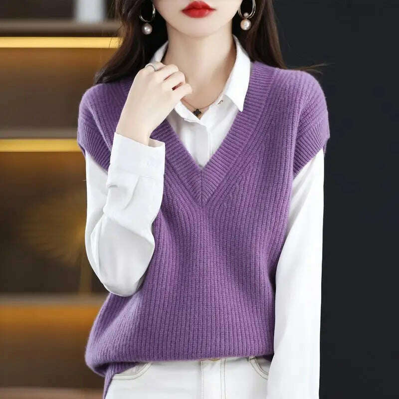 Knitted Vest Jacket – V-Neck, Sleeveless, Wool Blended Top
