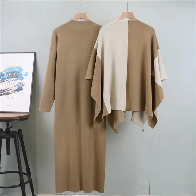 Elegant Knitted Two-Piece Set: Color Block Shawl & Dress - D&M Boutique