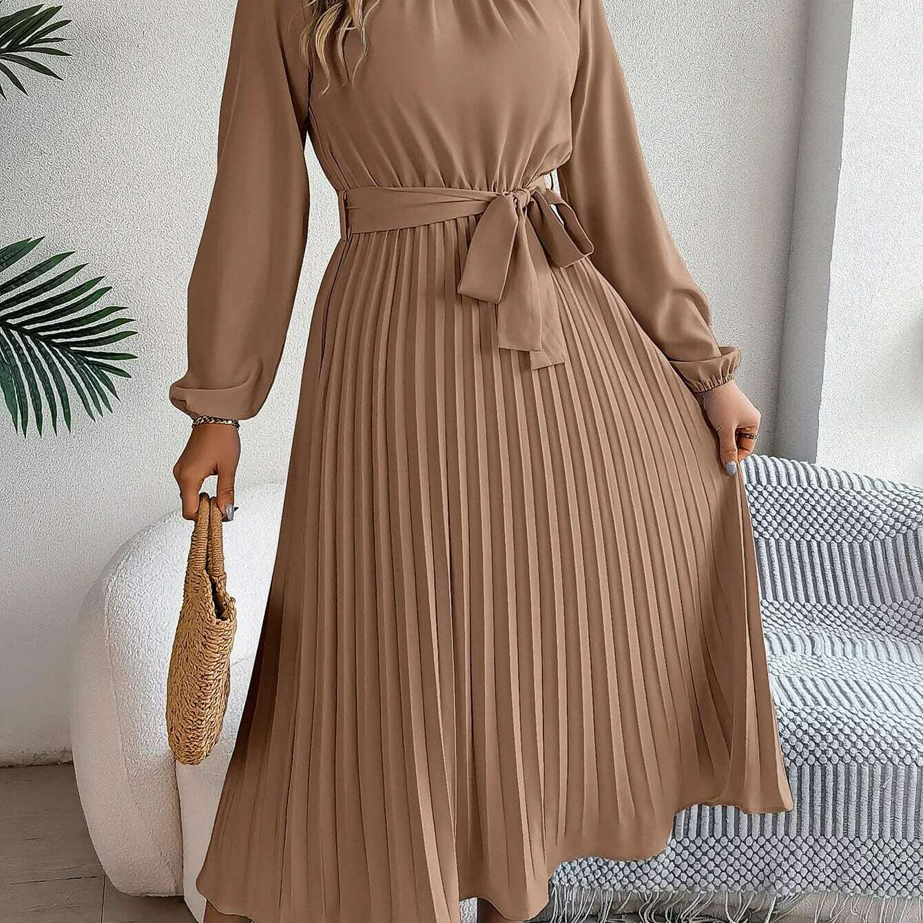 Autumn & Winter Pleated Stand-Up Collar Midi Dress