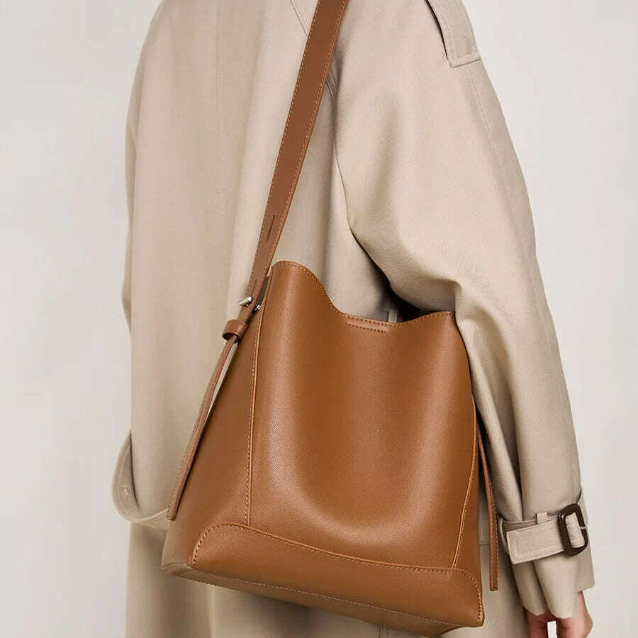 Minimalist Brown Leather Bucket Bag - Sleek and Structured