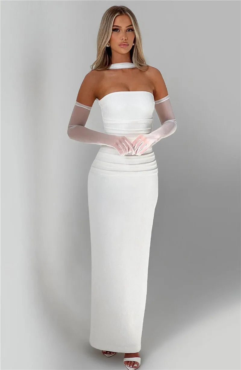 Mozision Scarf Collar Strapless Sexy Maxi Dress For Women Fashion Off-shoulder Backless Bodycon Club Party Long Dress Elegant