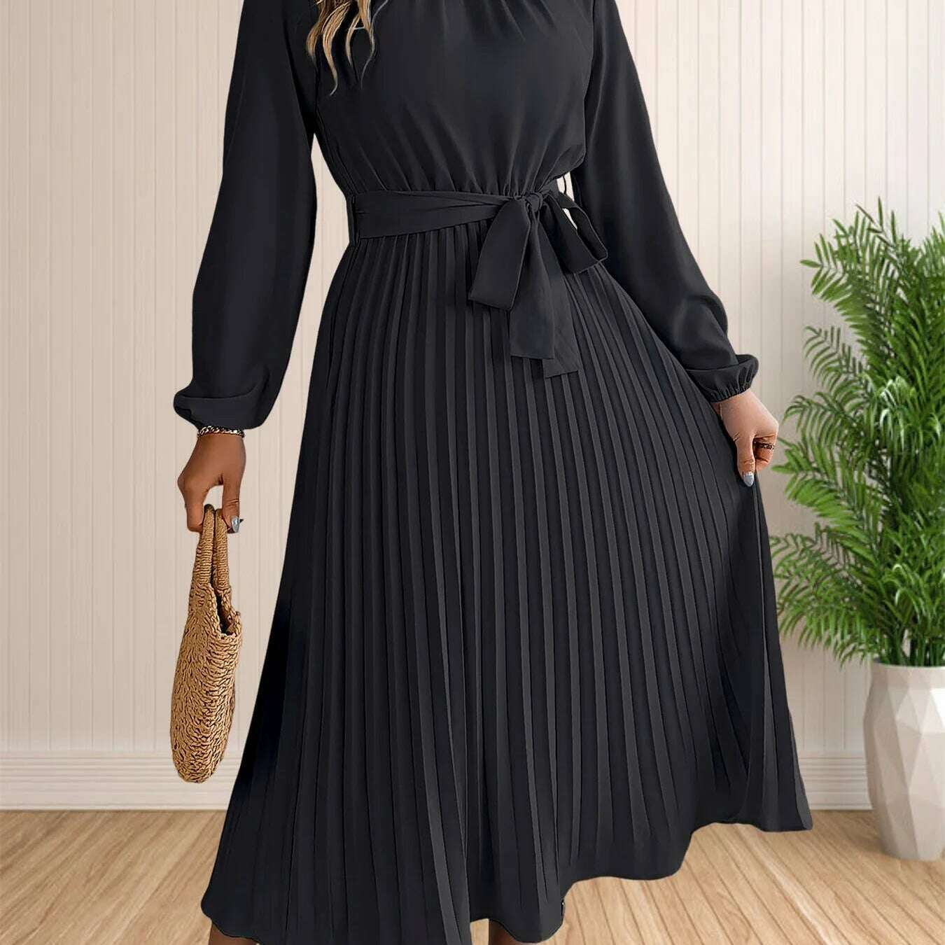 Elegant Pleated Lace-Up Long Sleeve A-Line Sundress