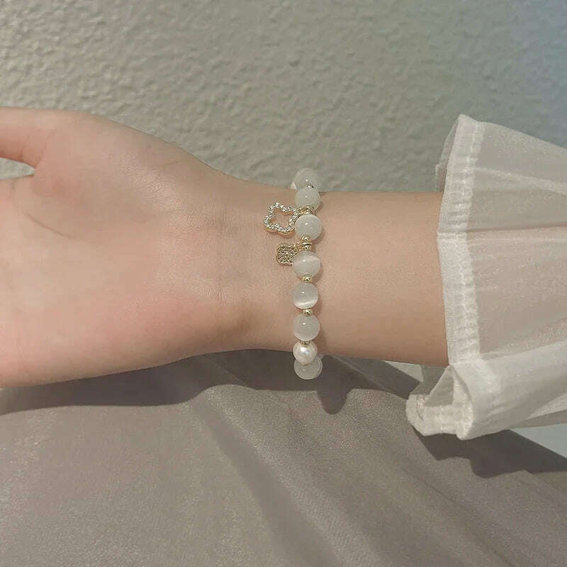 Kirykle Natural Crystal Bracelet for Women White Opal Stone Pearl Fashion Lucky Four-leaf Clover Women's Jewelry Bangles Gift