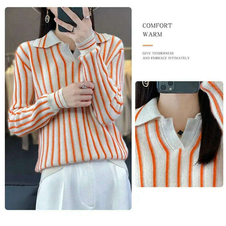Merino Wool Sweater: Striped, Polo Neck, Autumn/Winter - D&M Boutique