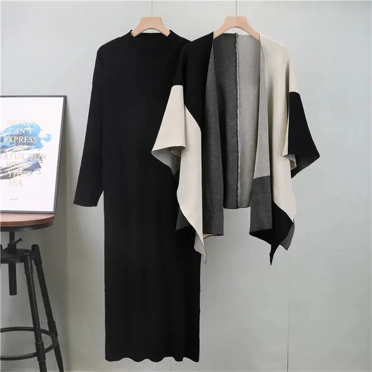 Elegant Knitted Two-Piece Set: Color Block Shawl & Dress - D&M Boutique