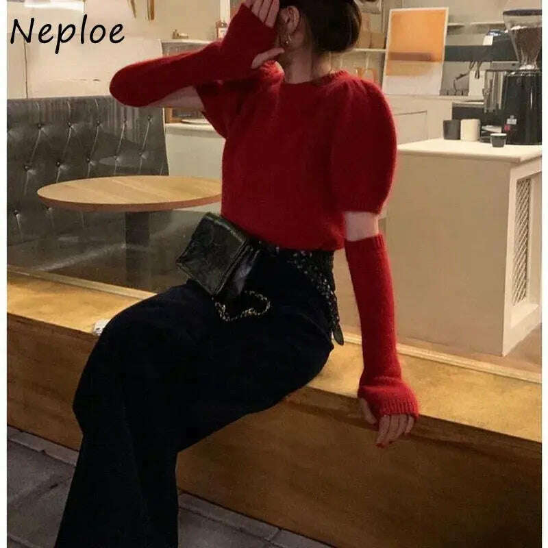 Neploe Korean Office Sweater: O-Neck, Short Sleeve, Solid Color Pullover - D&M Boutique