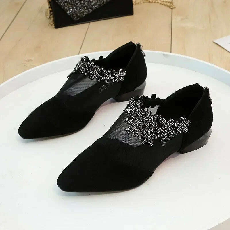 2024 Summer Black Lace Rhinestone Sandals - Low Heel & Floral