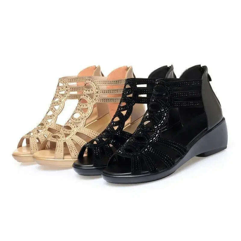 Soft Leather Roman Sandals - Chunky Heel Wedge Shoes